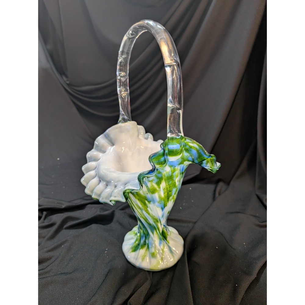 Fenton Murrhina Blue Green Aventurine Glass Handle Ruffle Basket 11" Vintage